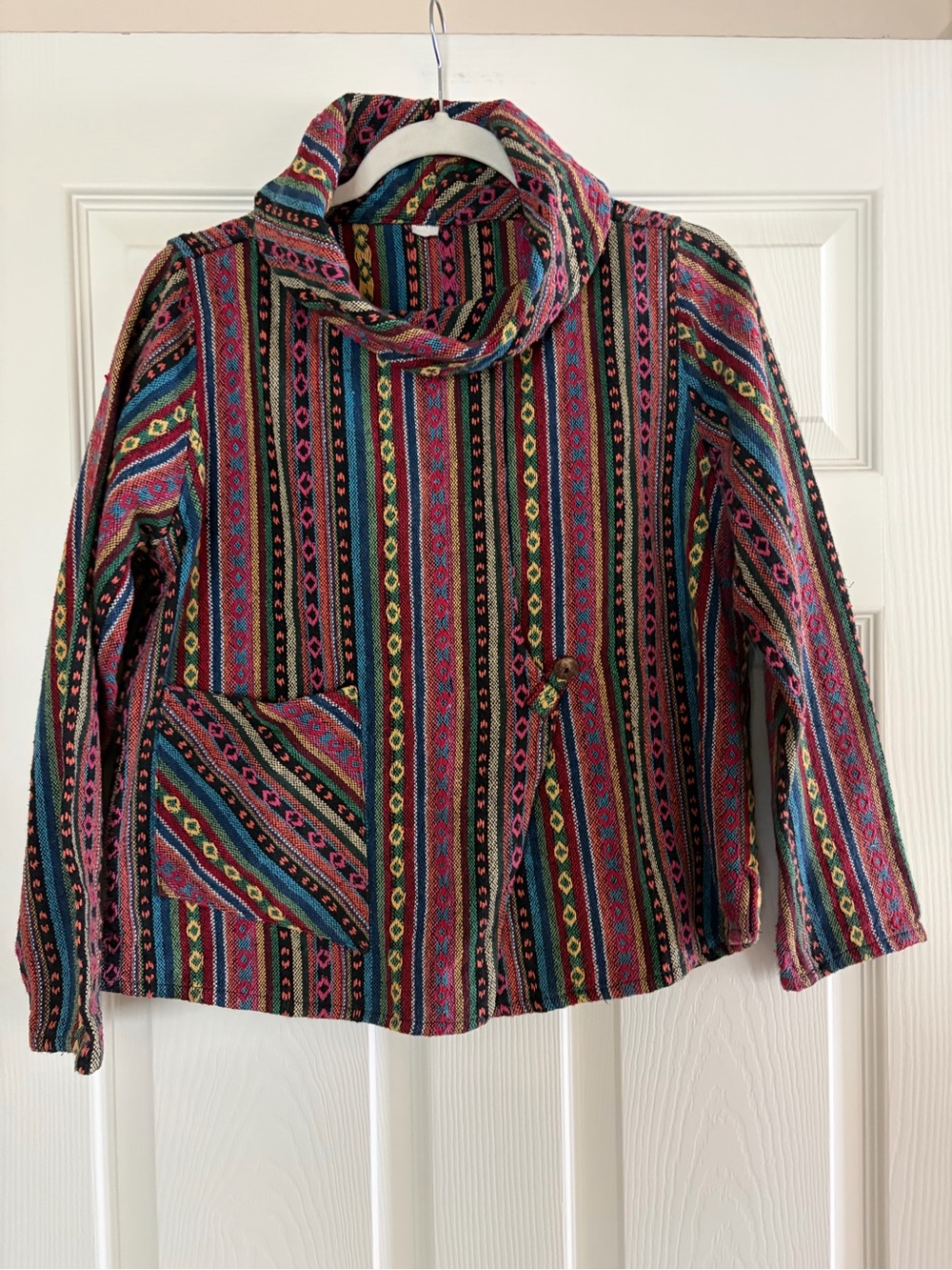 Boho Pullover Cross Front Jacket High Neck Pocket Colorful Stripes Size S